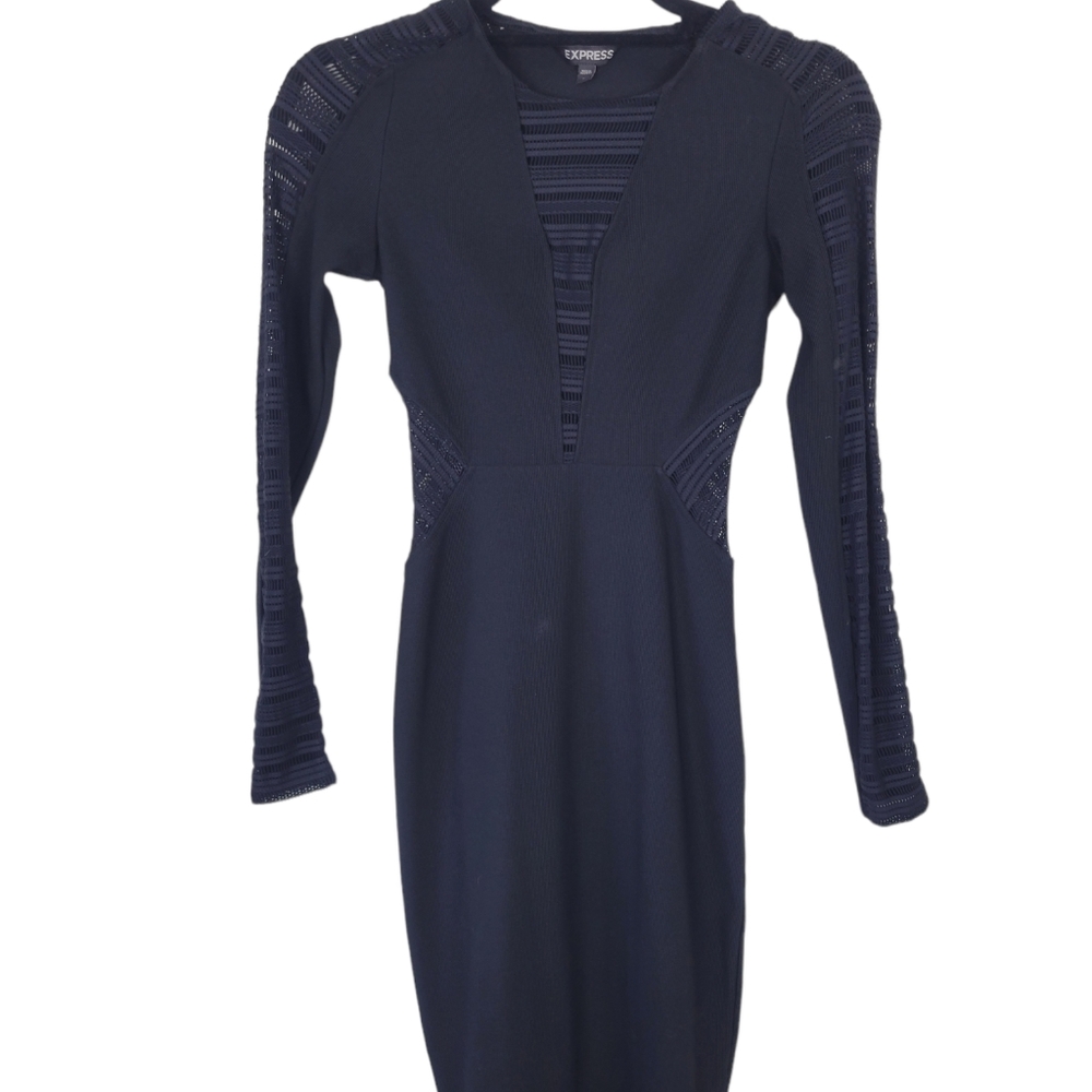 Express Navy Long Sleeve Midi Dress with Lace Insets